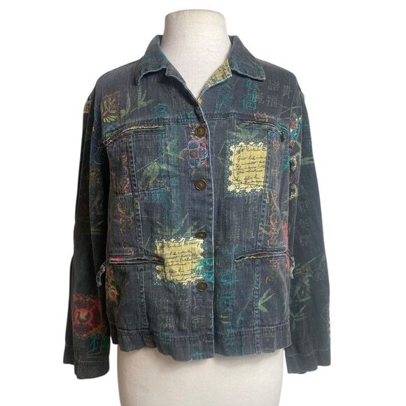Chico's Blue Jean Jacket with Multicolor Patches - Picture 1 of 9